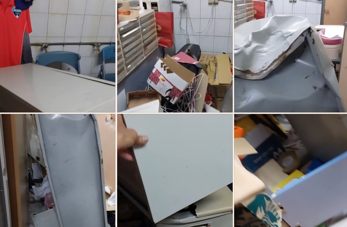陽明高中的棒球教練室遭到破壞的程度猶如災難現場。(影像由民眾投訴者提供)。