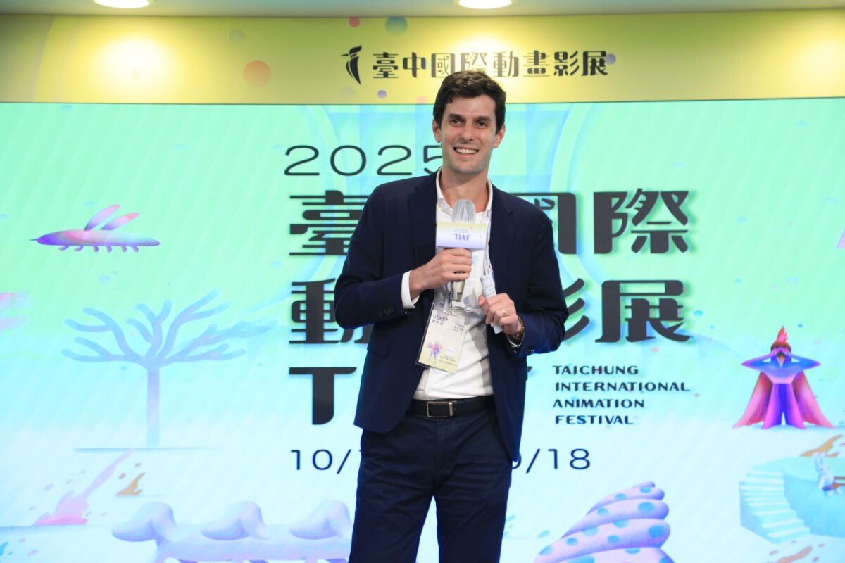 ▲影展開、閉幕片皆為法國知名動畫作品，法國在台協會文化處長周書安(Josué Serres)致詞。(圖/中市府提供)
