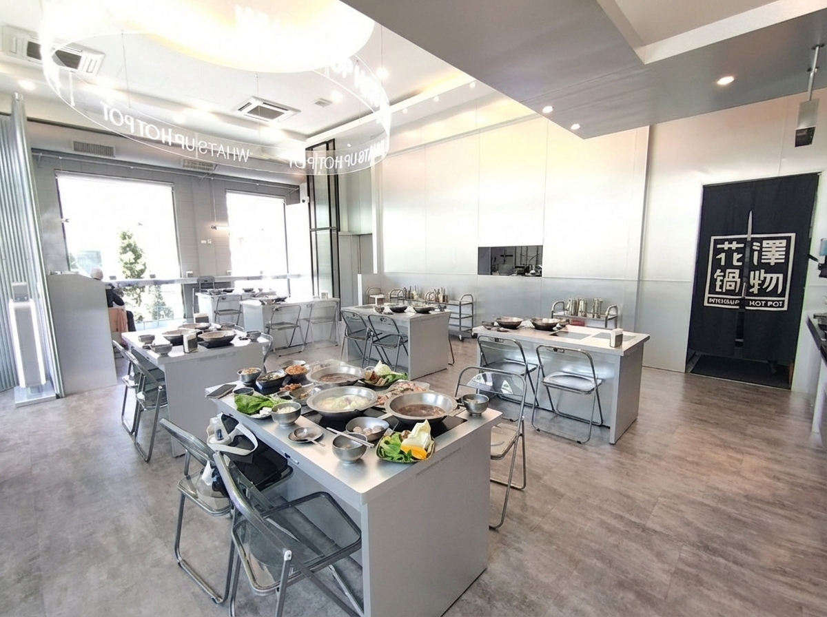 ▲銀色極簡工業風的空間配置，與傳統火鍋店風格截然不同，吸引年輕族群打卡分享。(圖片提供/花澤鍋物)