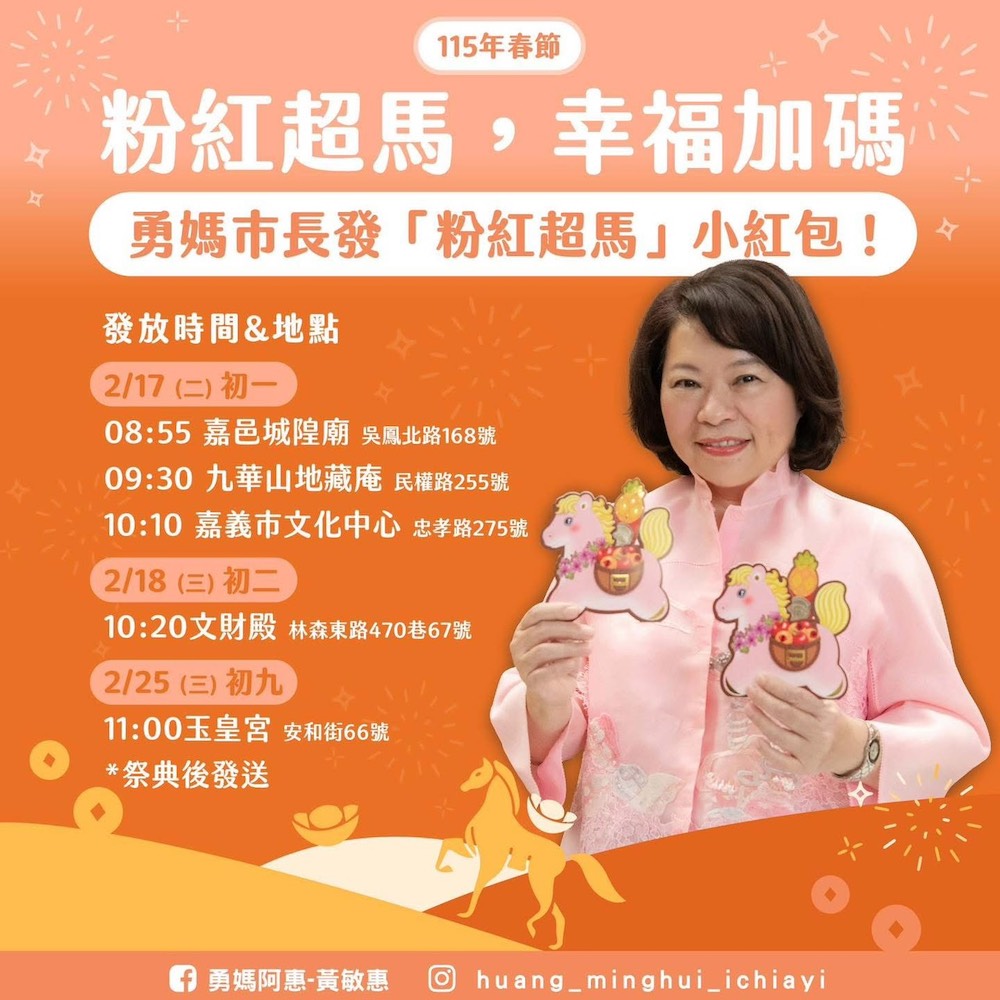 嘉義市政府結合插畫設計、書法與年節吉祥元素，推出「粉紅超馬」小紅包迎農曆新年；黃敏惠市長將於大年初一、初二及初九發送限量「粉紅超馬」小紅包迎幸福。（圖/嘉義市政府提供）