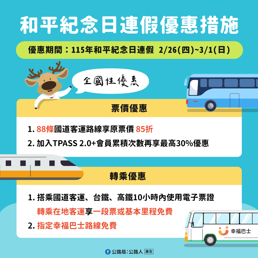 鼓勵228連假多使用公共運輸   公路局推多項優惠