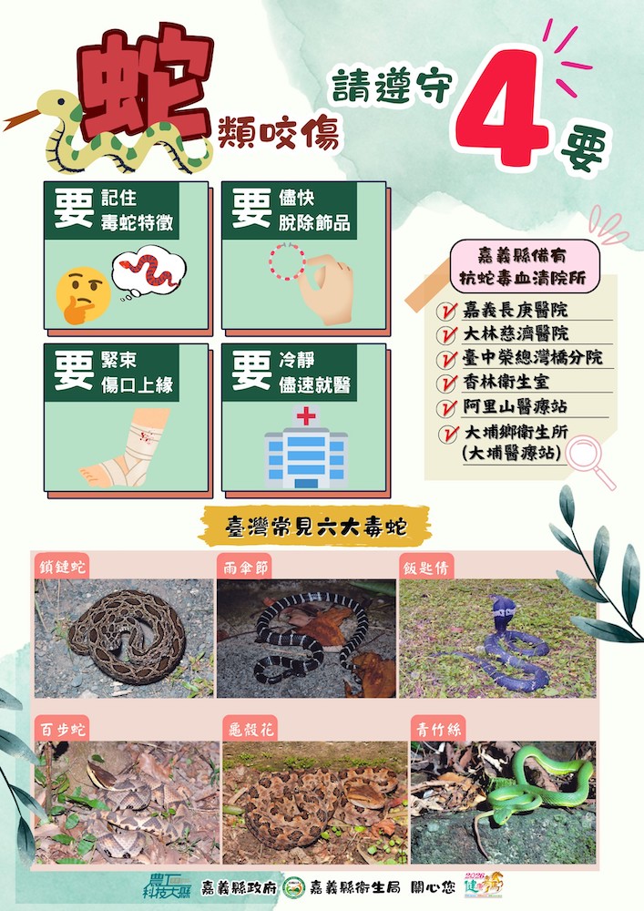 嘉義縣政府提醒民眾掃墓或從事戶外活動時，應做好防護措施，如不慎遭毒蛇咬傷應保持冷靜、避免劇烈活動並儘速就醫處置，切勿自行處理傷口或延誤送醫。（圖/嘉義縣政府提供）