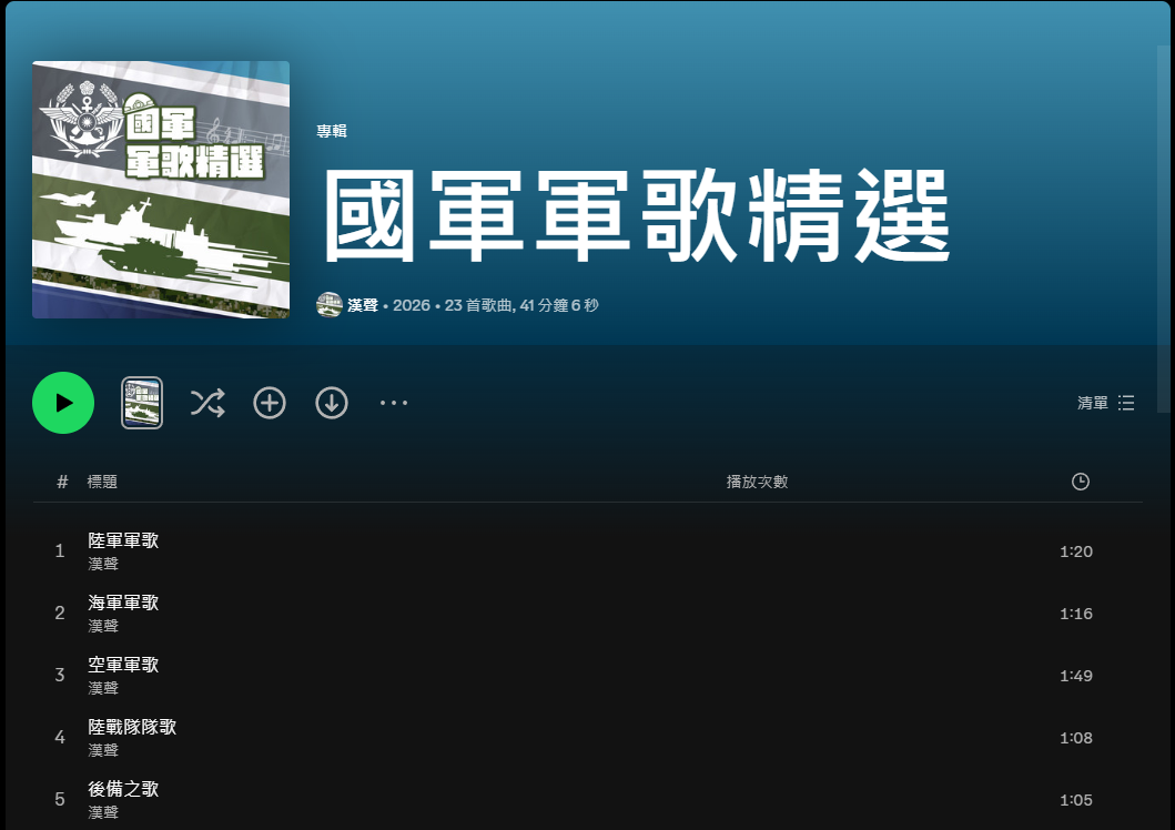 國軍軍歌與勵志歌曲數位化後於Spotify平台畫面。（圖／ Spotify翻攝）