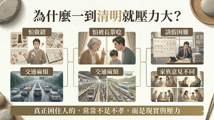 ▲《祖先牌位大小事》整理圖卡指出，現代人一到清明常面臨怕做錯、交通壅塞、請假不易與家族意見分歧等壓力，真正困住許多家庭的往往不是不孝，而是現實與溝通問題。（祖先牌位大小事提供）