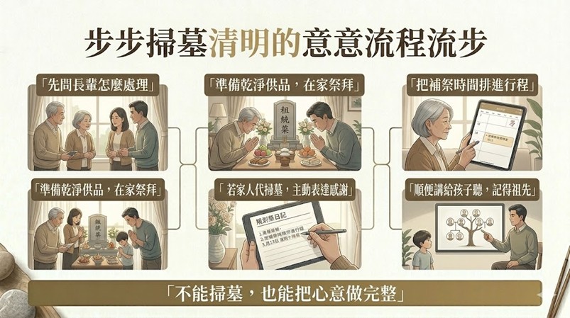 ▲《祖先牌位大小事》整理「步步掃墓清明的意義流程流步」圖卡，說明即使無法親自掃墓，也能透過家祭與心意表達對祖先的敬意。（祖先牌位大小事提供）