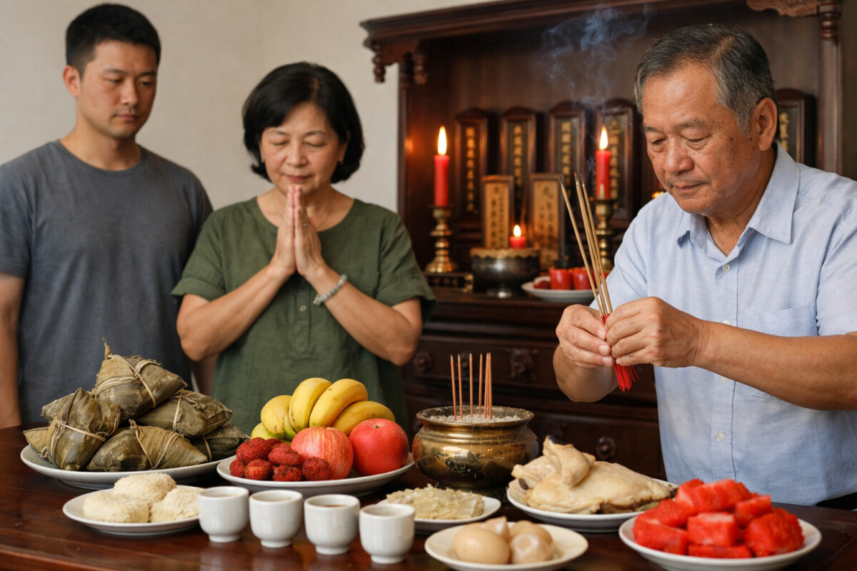 ▲端午節除了應景吃粽子，不少華人家庭也會在節日中準備供品祭拜祖先。