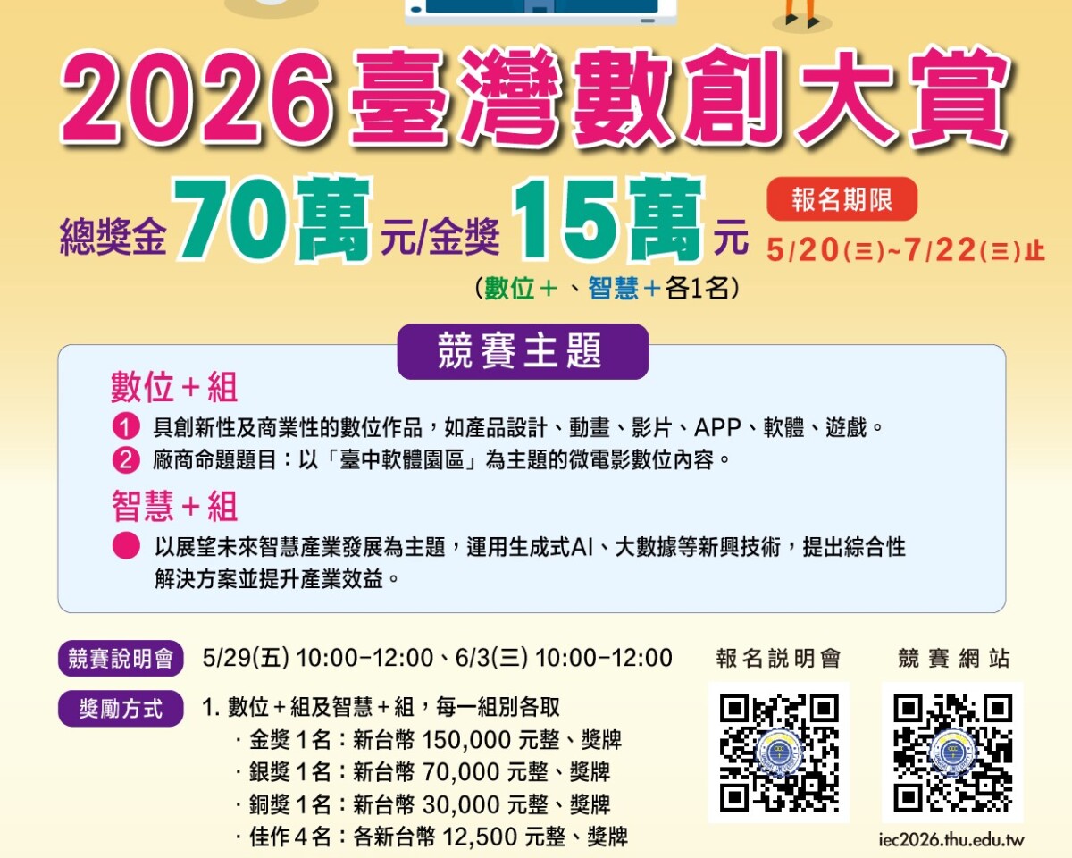 2026臺灣數創大賞 徵件    總獎金70萬元