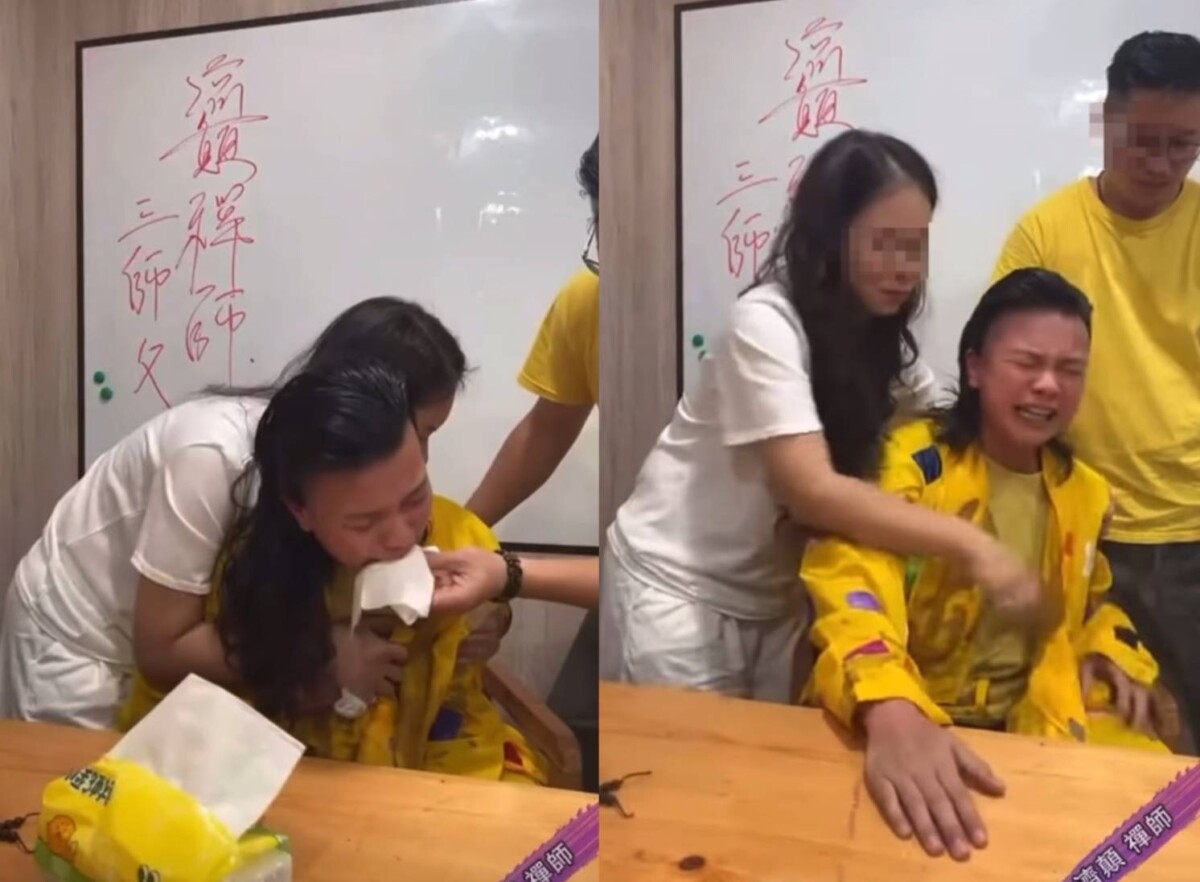 提及現場「佛前穢物未清，檀香混著惡臭」時，情緒激動難掩痛苦。(圖 / 尬電禪師直播)