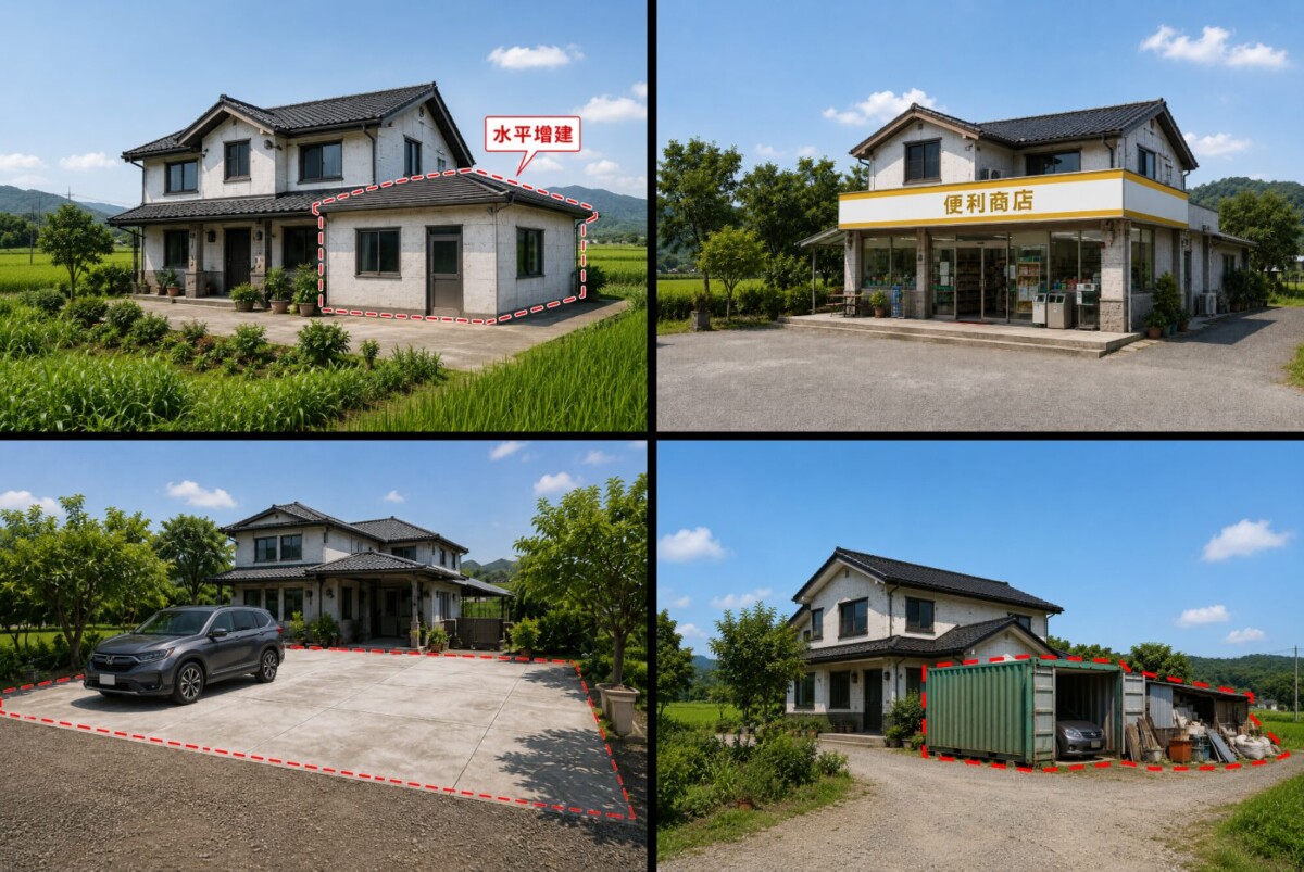 農地違規使用常見增建、改為商店、鋪設水泥、放置貨櫃屋等四種樣態，AI生成示意圖。新北市政府地政局提供。